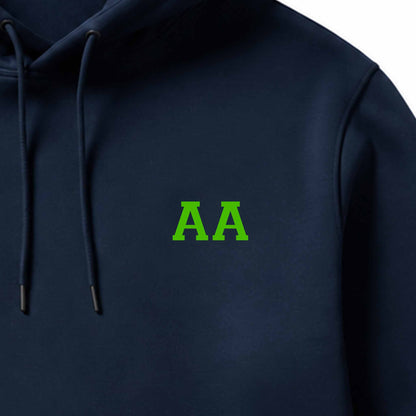 School leavers hoodie with custom iron-on "Initials" design in yellow green on the front.