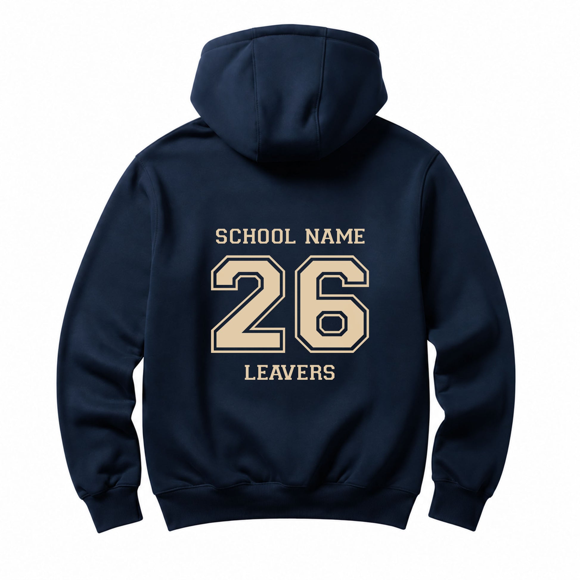 School leavers navy hoodie with custom iron-on "School" design in beige on the back.