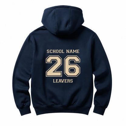 School leavers navy hoodie with custom iron-on "School" design in beige on the back.
