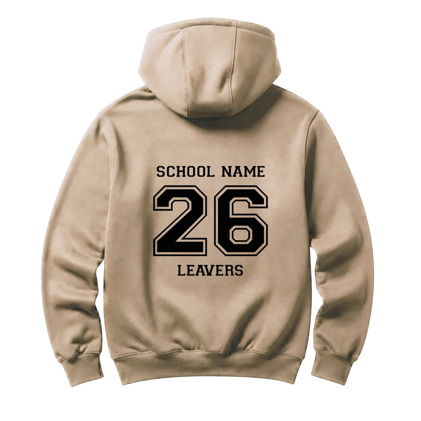 School leavers beige hoodie with custom iron-on "School" design in black on the back.