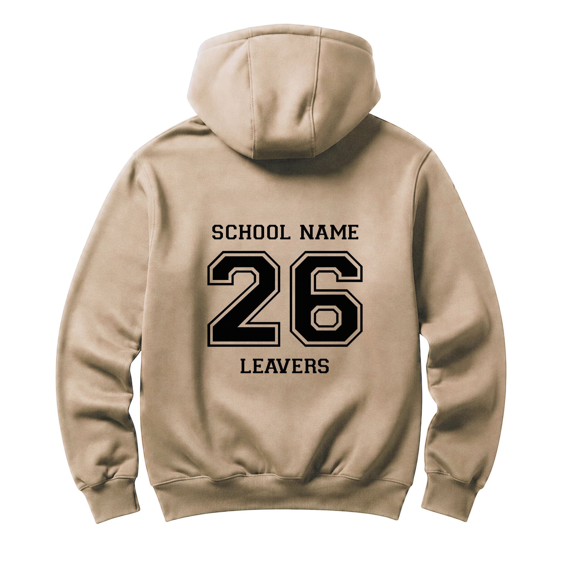 School leavers beige hoodie with custom iron-on "School" design in black on the back.