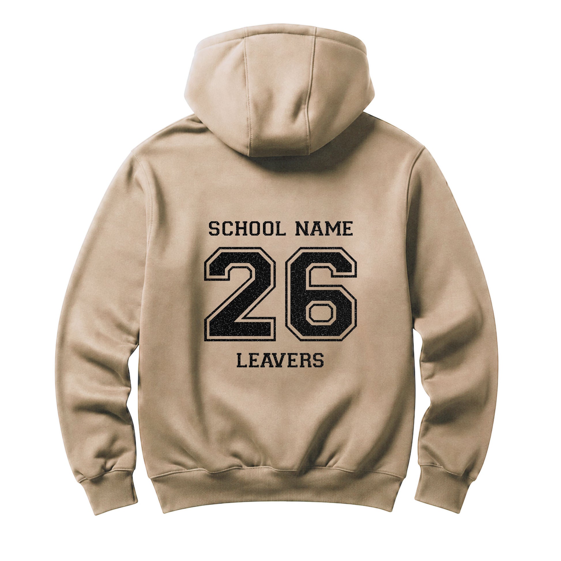 School leavers beige hoodie with custom iron-on "School" design in black glitter on the back.