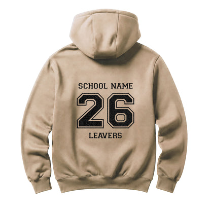 School leavers beige hoodie with custom iron-on "School" design in black glitter on the back.