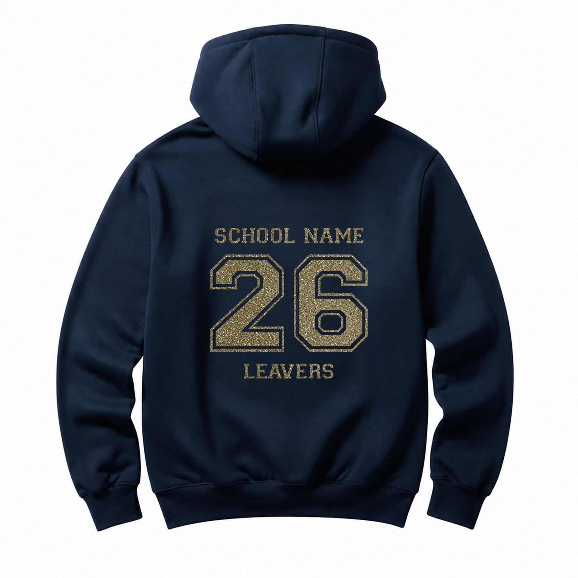 School leavers navy hoodie with custom iron-on "School" design in champagne glitter on the back.