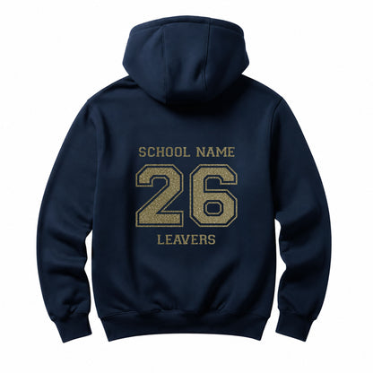 School leavers navy hoodie with custom iron-on "School" design in champagne glitter on the back.