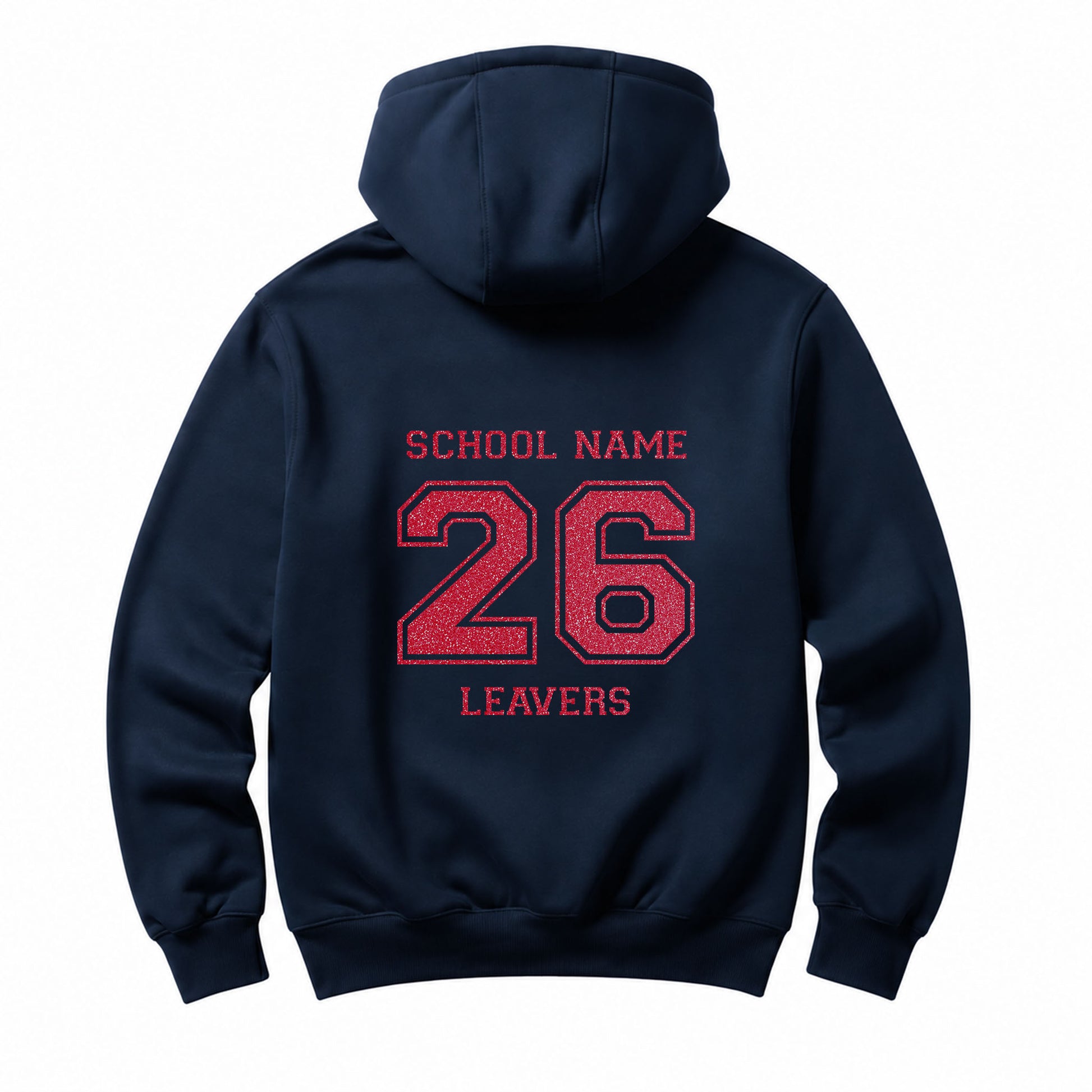 School leavers navy hoodie with custom iron-on "School" design in coral glitter on the back.