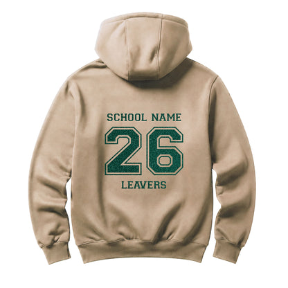 School leavers beige hoodie with custom iron-on "School" design in emerald glitter on the back.