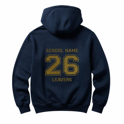 School leavers navy hoodie with custom iron-on "School" design in gold glitter on the back.
