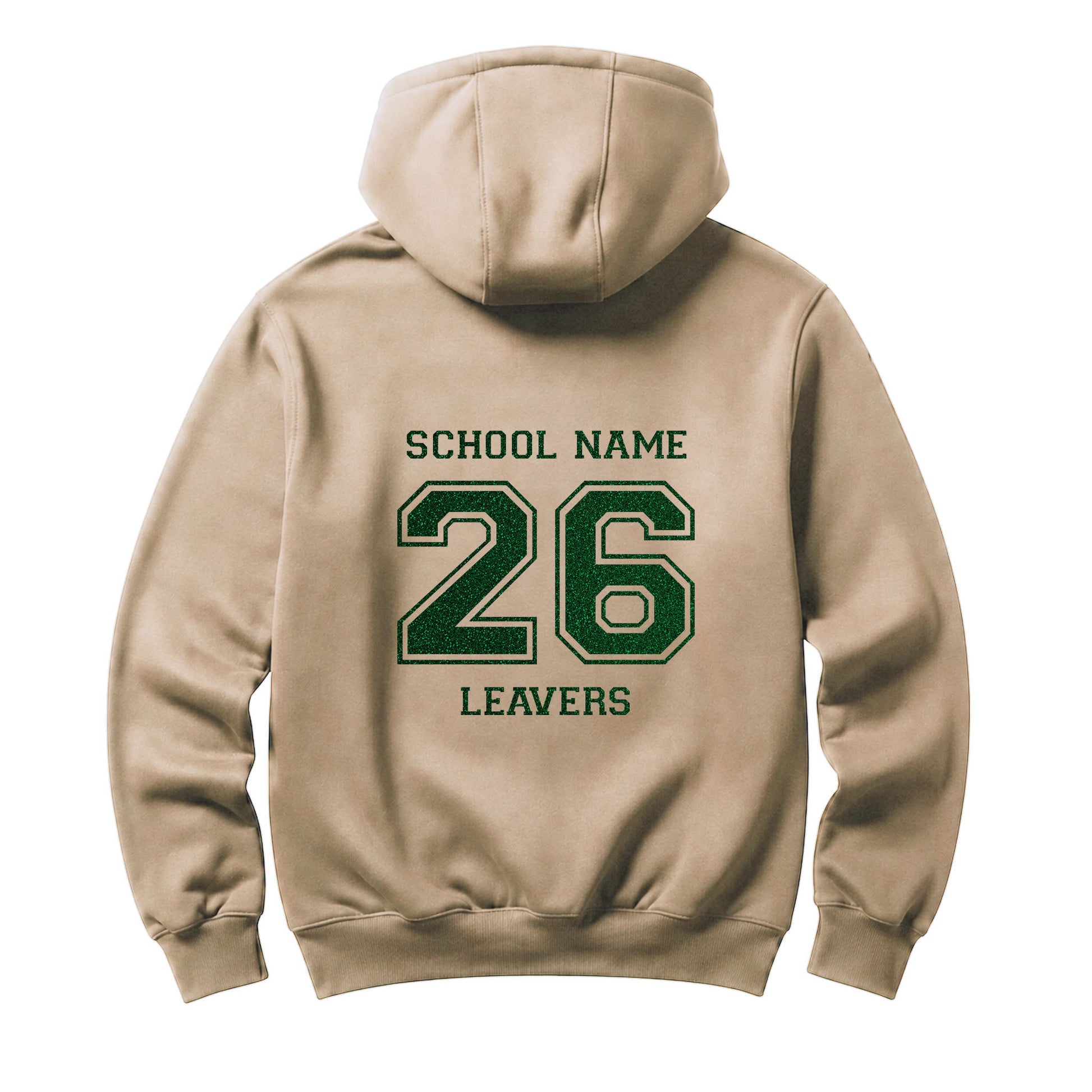 School leavers beige hoodie with custom iron-on "School" design in green glitter on the back.