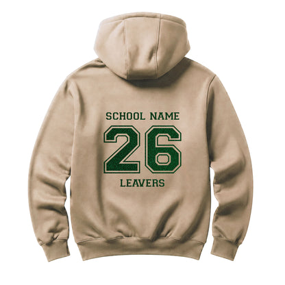 School leavers beige hoodie with custom iron-on "School" design in green glitter on the back.