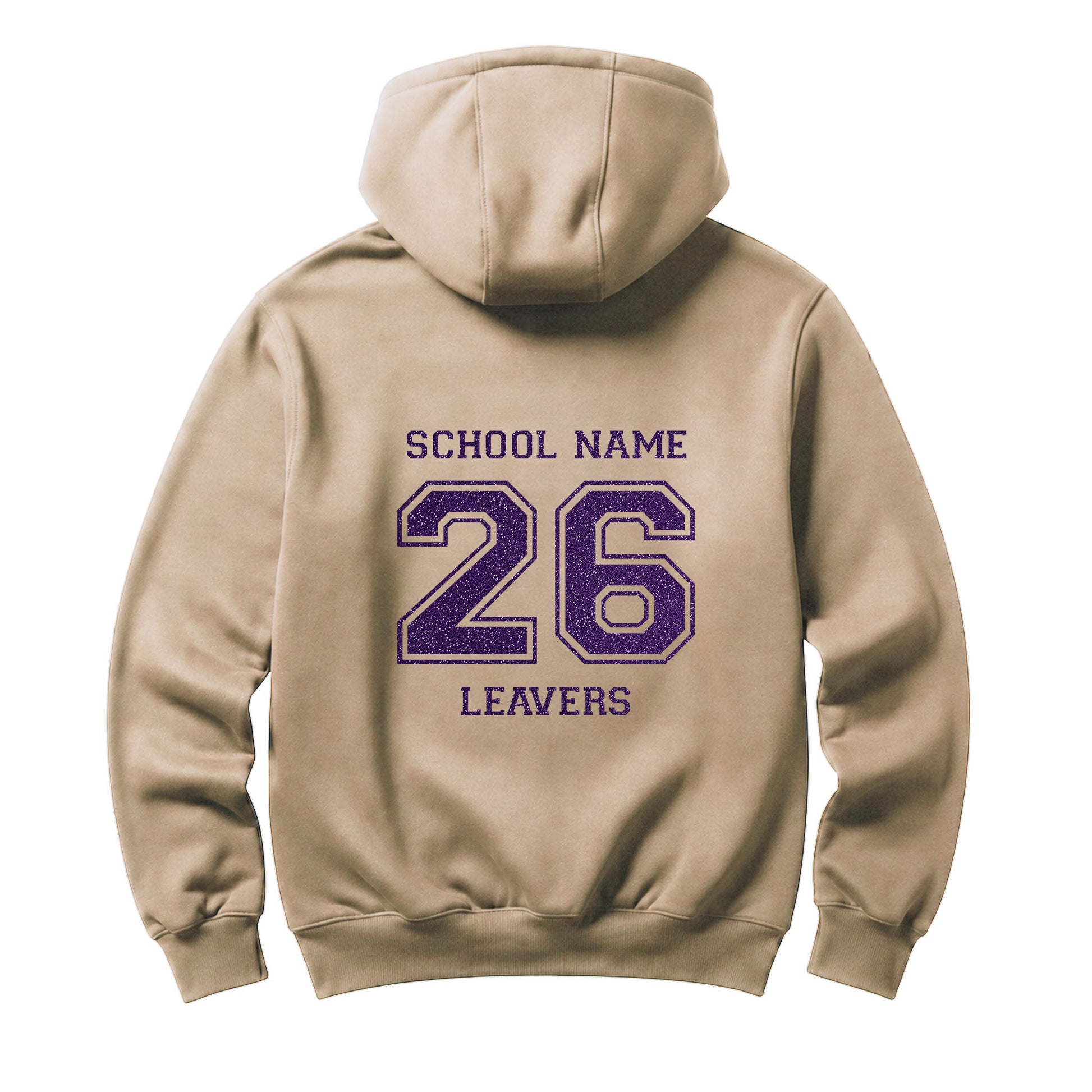 School leavers beige hoodie with custom iron-on "School" design in lavender glitter on the back.