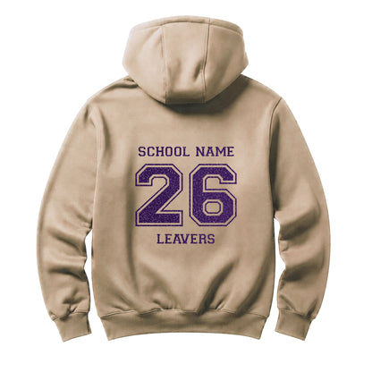 School leavers beige hoodie with custom iron-on "School" design in lavender glitter on the back.