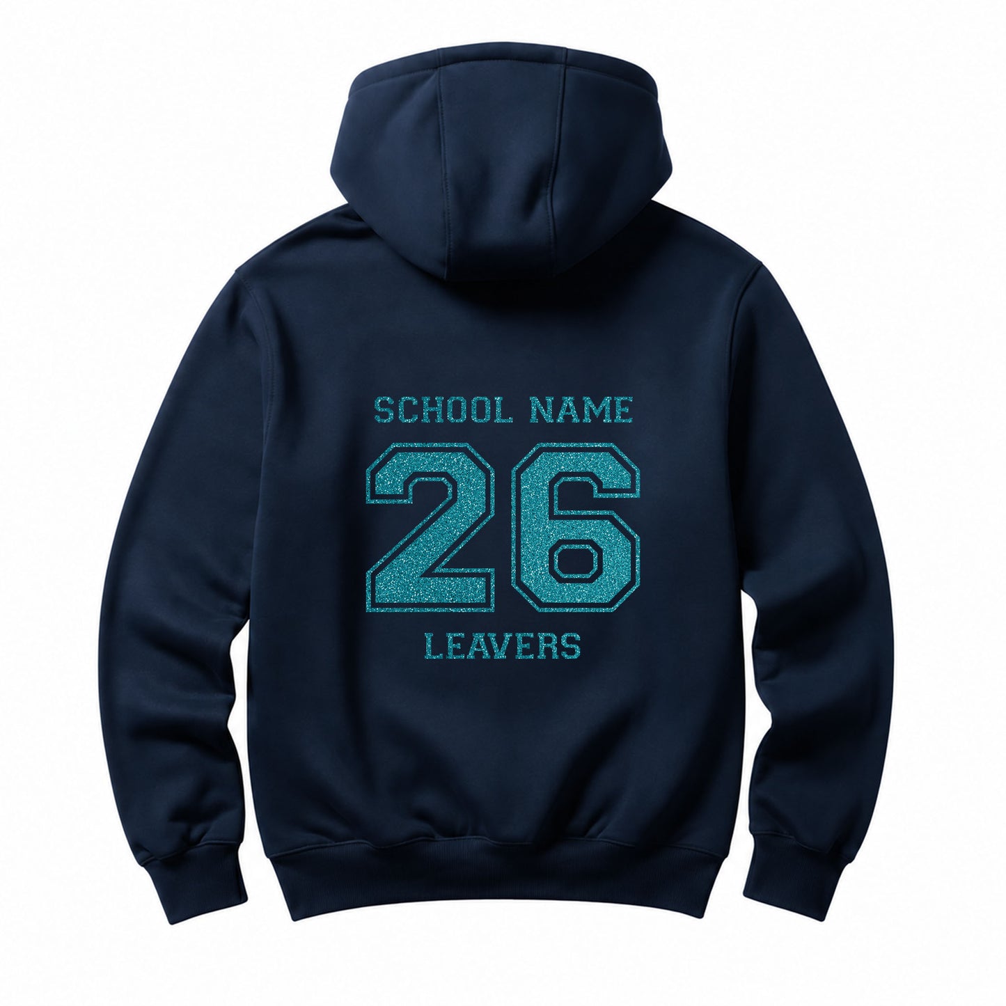 School leavers navy hoodie with custom iron-on "School" design in light blue glitter on the back.