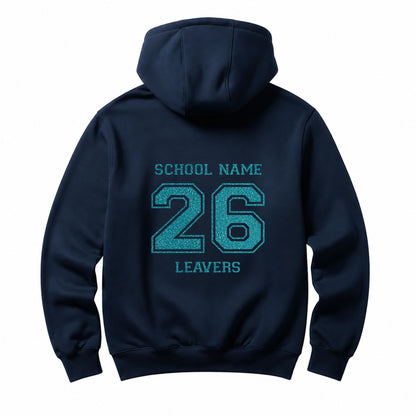 School leavers navy hoodie with custom iron-on "School" design in light blue glitter on the back.