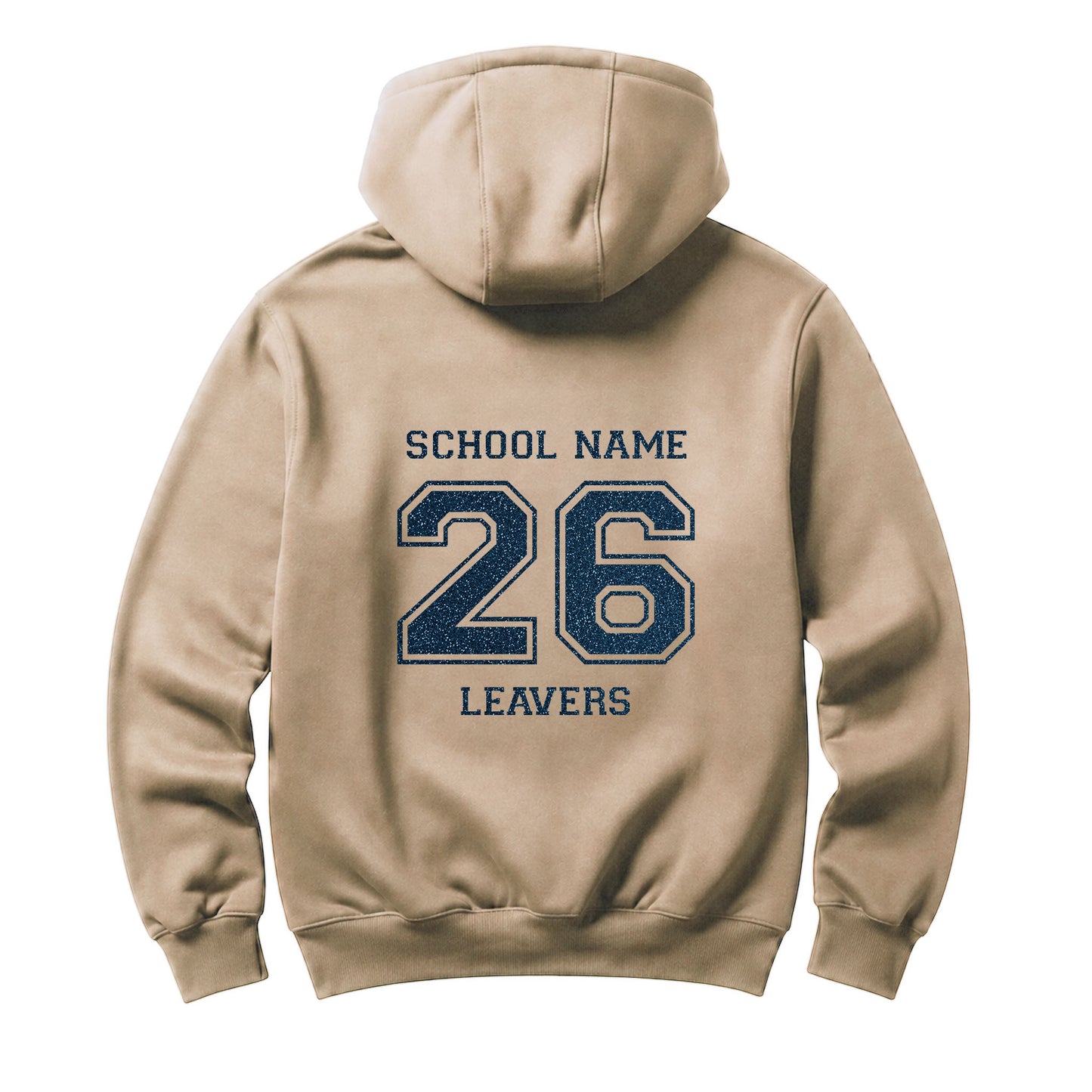 School leavers beige hoodie with custom iron-on "School" design in navy blue glitter on the back.