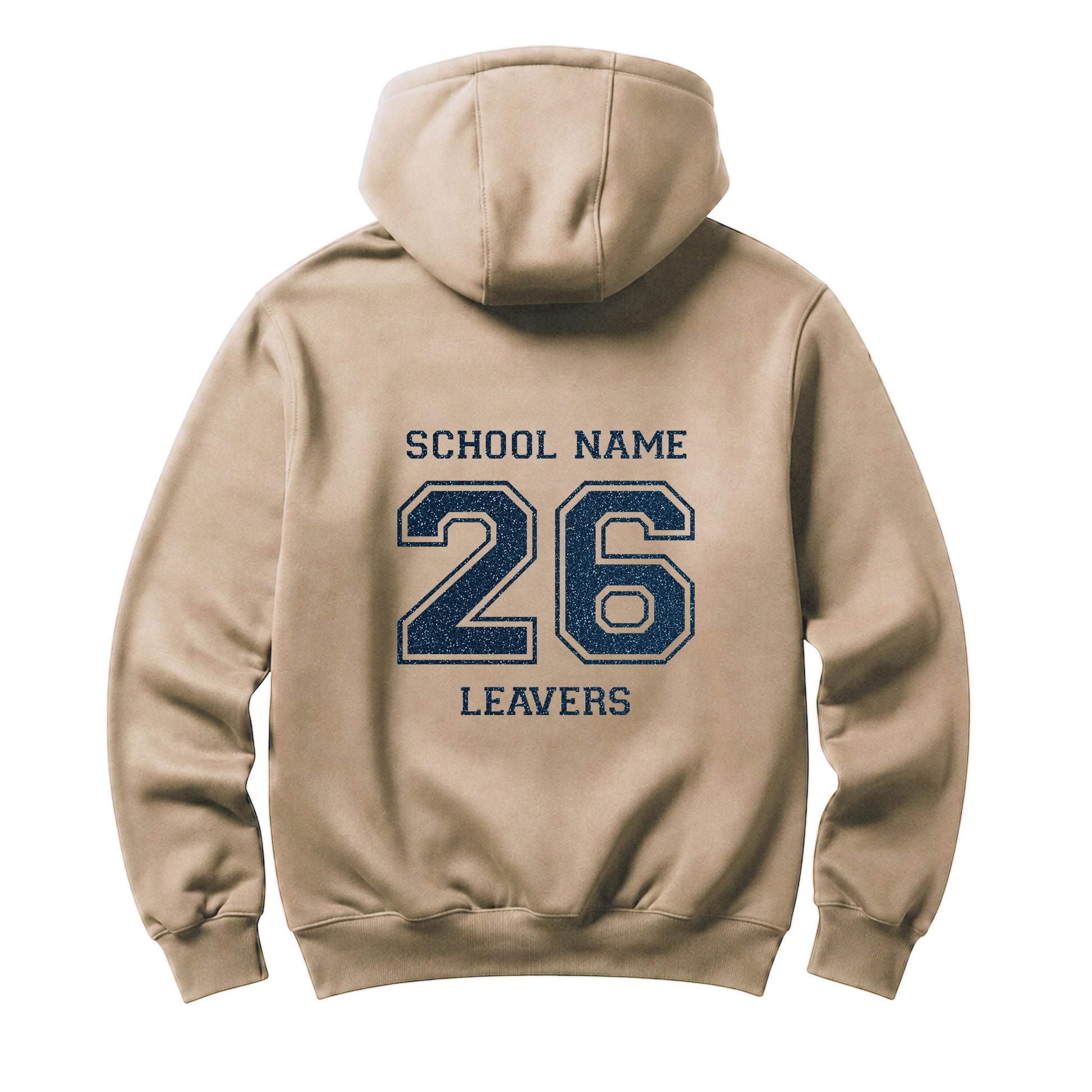 School leavers beige hoodie with custom iron-on "School" design in navy blue glitter on the back.