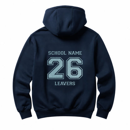 School leavers navy hoodie with custom iron-on "School" design in neon blue glitter on the back.