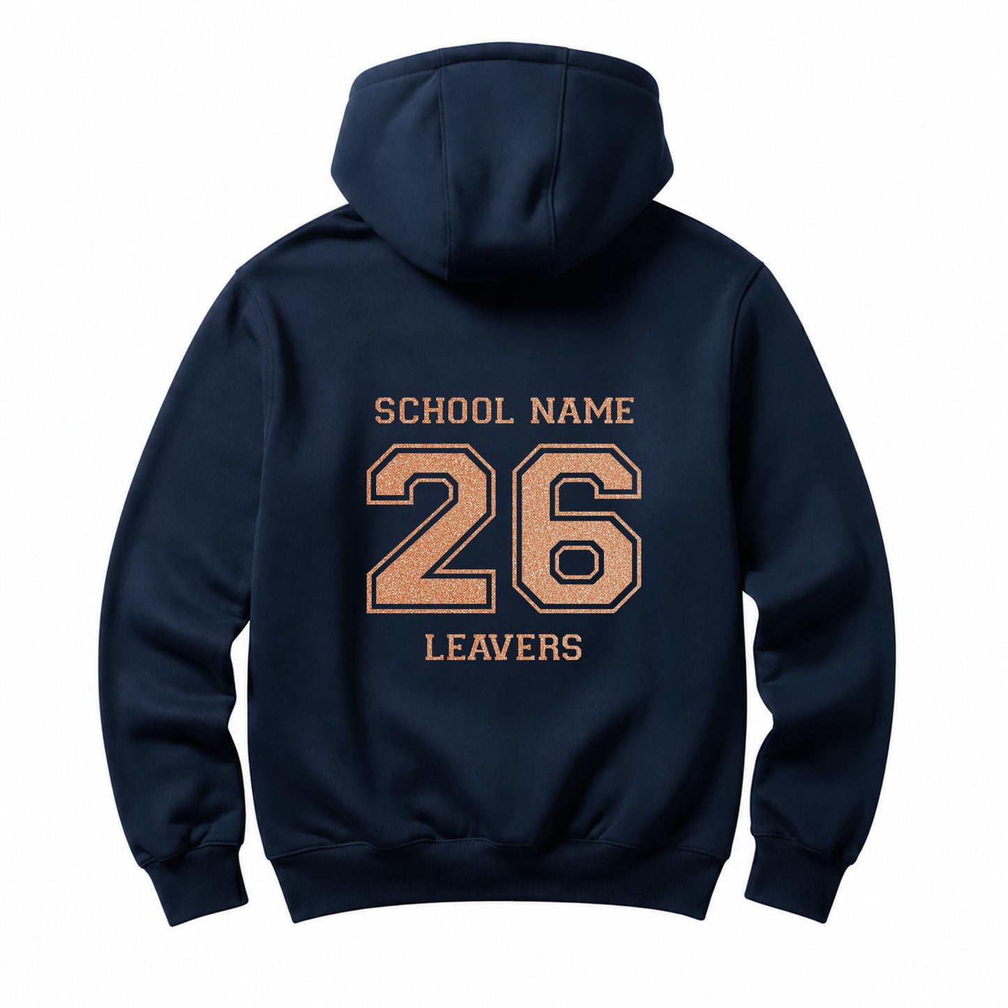 School leavers navy hoodie with custom iron-on "School" design in neon orange glitter on the back.