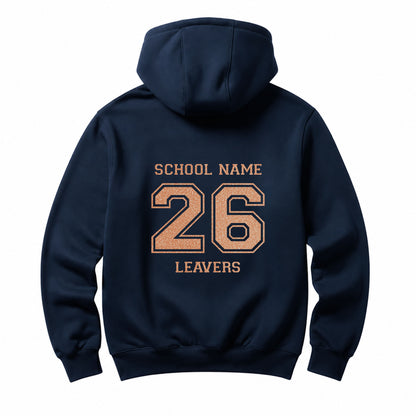 School leavers navy hoodie with custom iron-on "School" design in neon orange glitter on the back.
