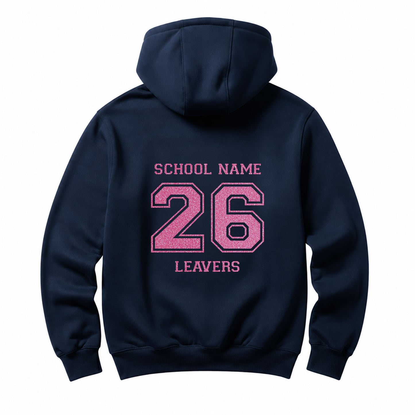 School leavers navy hoodie with custom iron-on "School" design in neon pink glitter on the back.