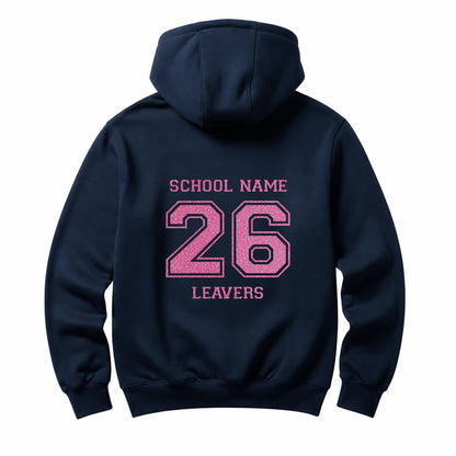 School leavers navy hoodie with custom iron-on "School" design in neon pink glitter on the back.