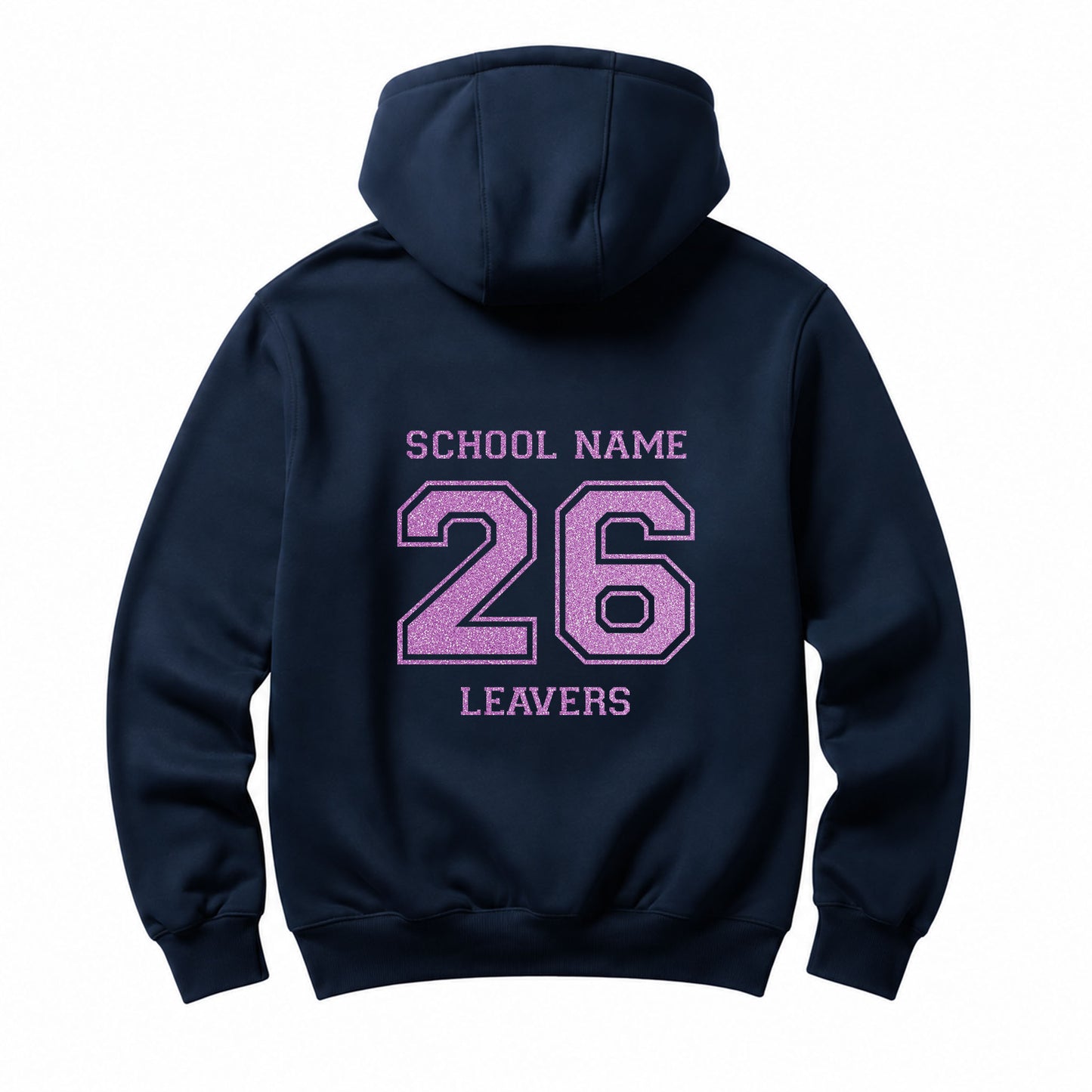 School leavers navy hoodie with custom iron-on "School" design in neon purple glitter on the back.