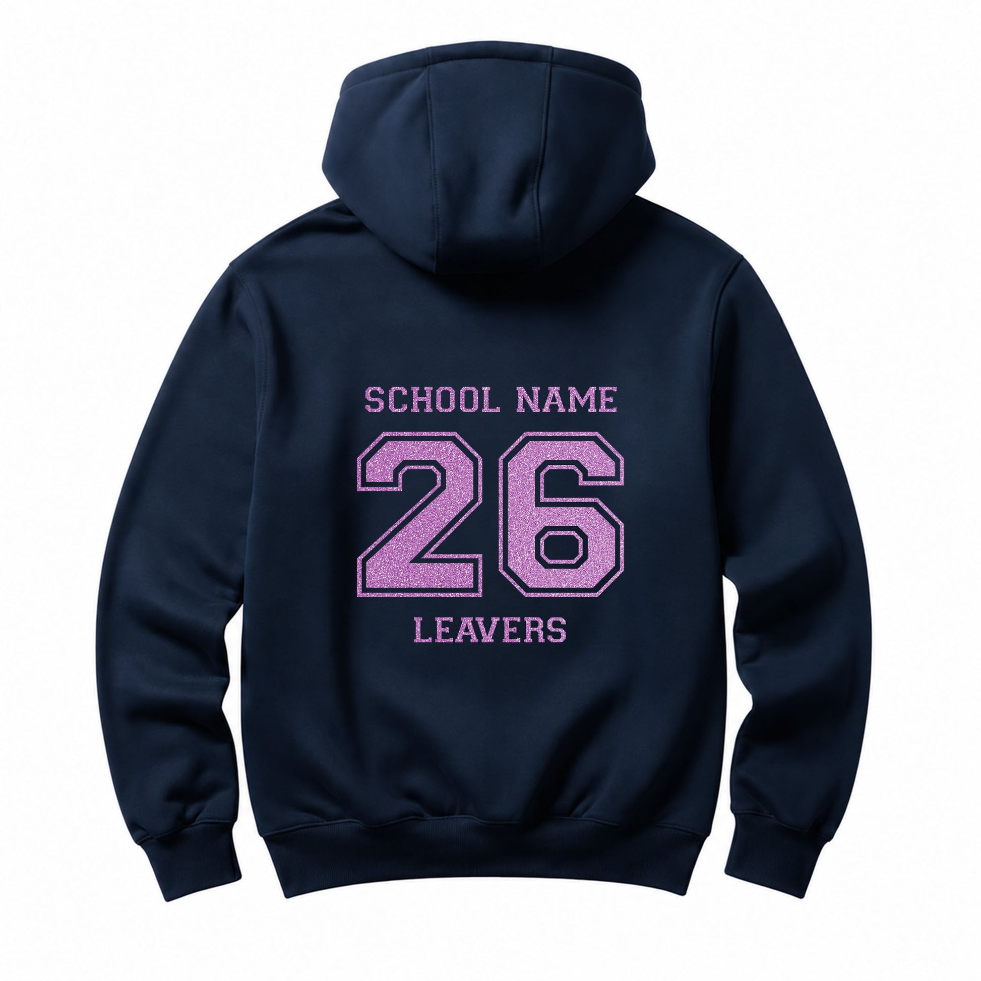 School leavers navy hoodie with custom iron-on "School" design in neon purple glitter on the back.