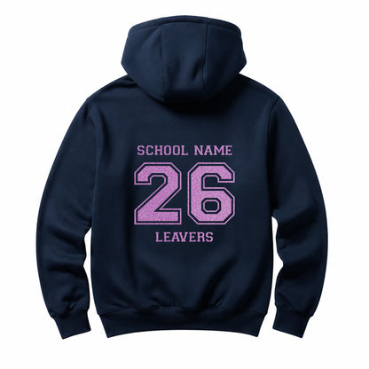 School leavers navy hoodie with custom iron-on "School" design in neon purple glitter on the back.