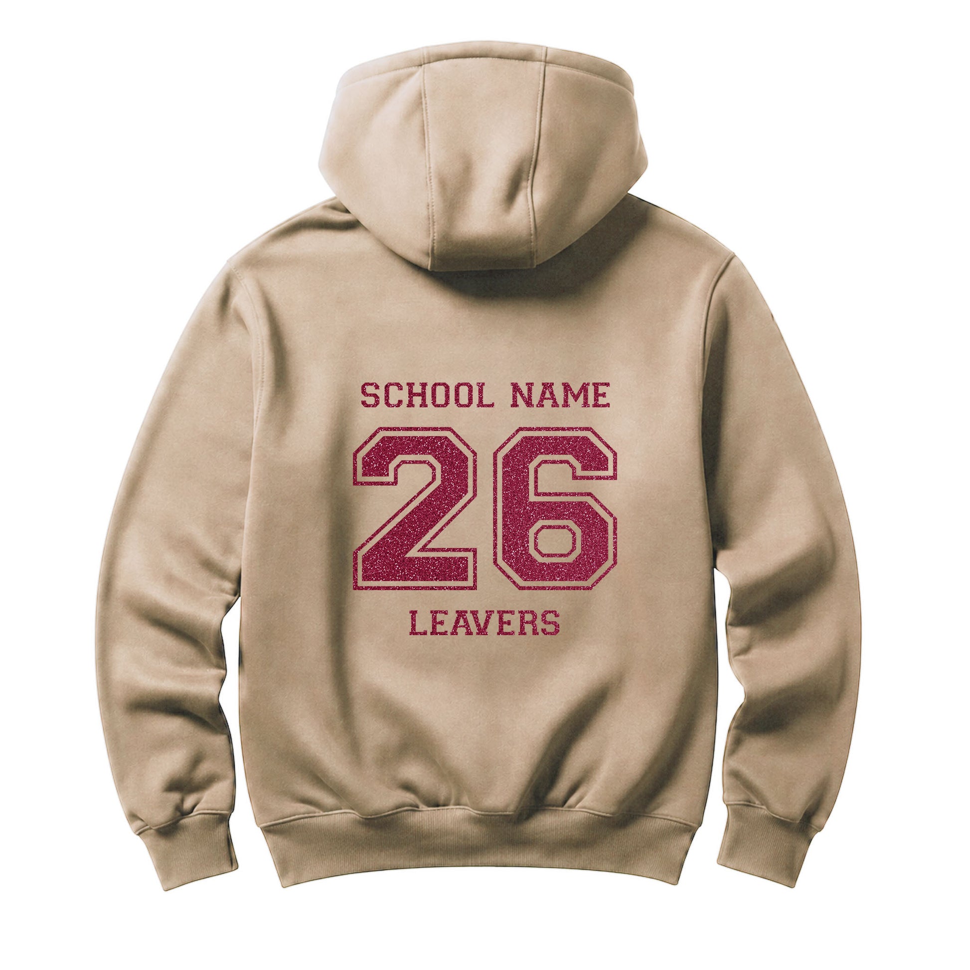 School leavers beige hoodie with custom iron-on "School" design in pink glitter on the back.