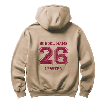 School leavers beige hoodie with custom iron-on "School" design in pink glitter on the back.