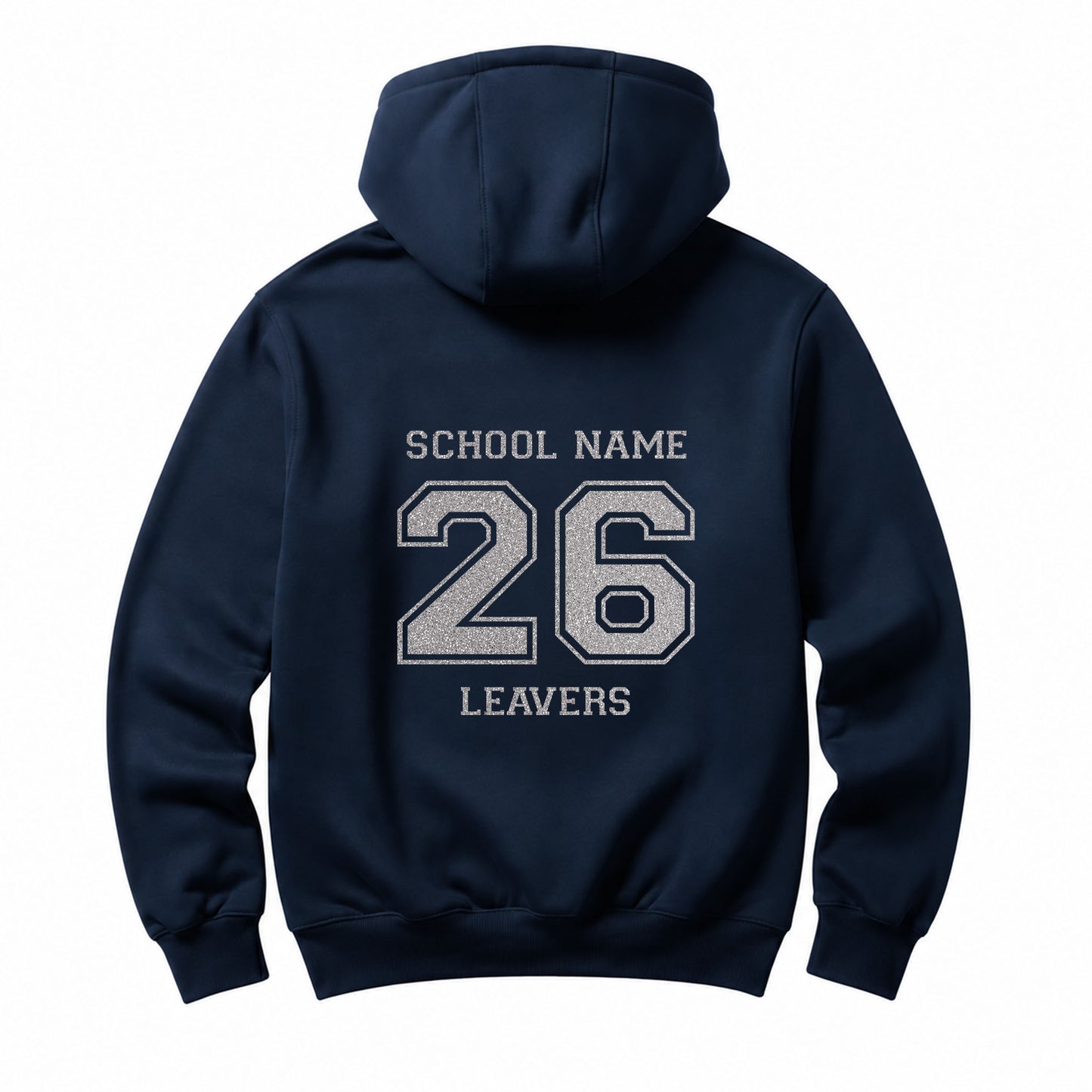School leavers navy hoodie with custom iron-on "School" design in rainbow white glitter on the back.
