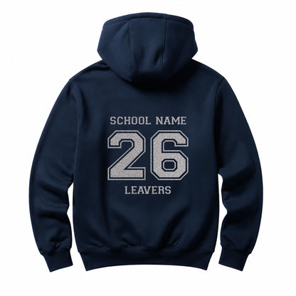 School leavers navy hoodie with custom iron-on "School" design in rainbow white glitter on the back.