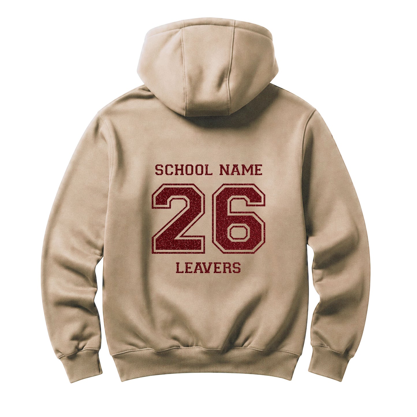 School leavers beige hoodie with custom iron-on "School" design in red glitter on the back.