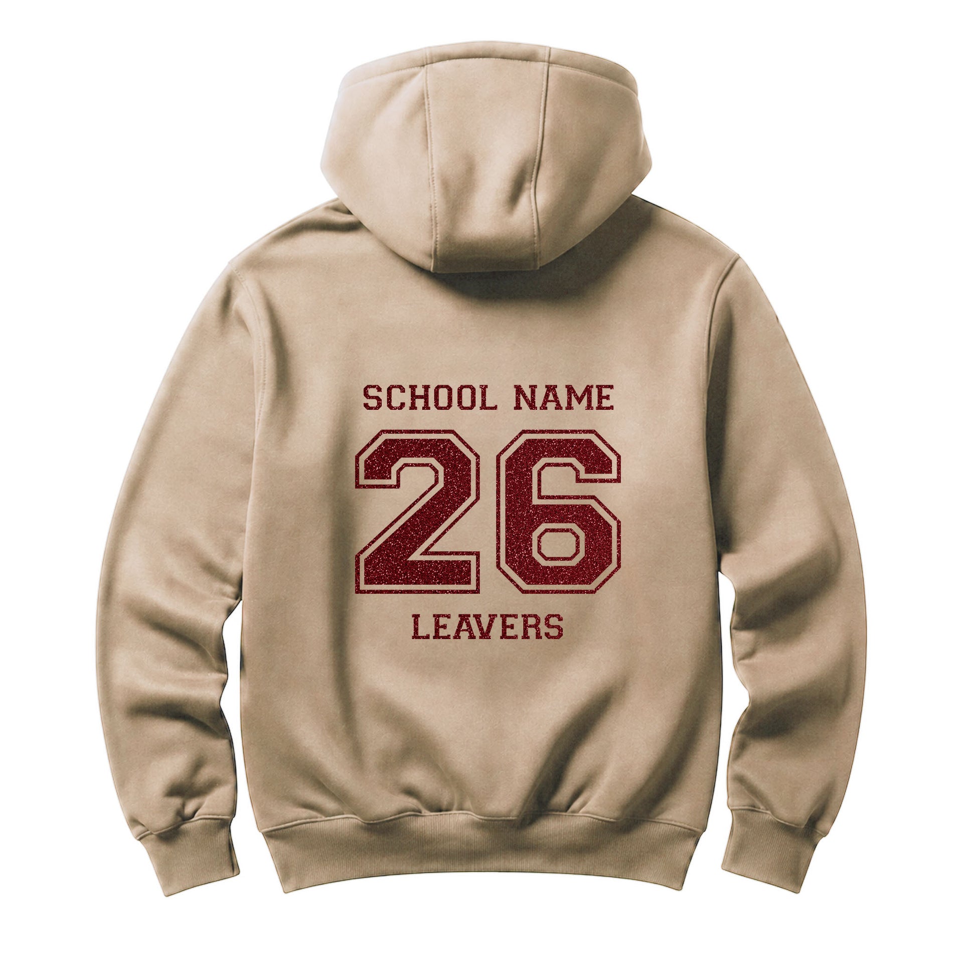 School leavers beige hoodie with custom iron-on "School" design in red glitter on the back.