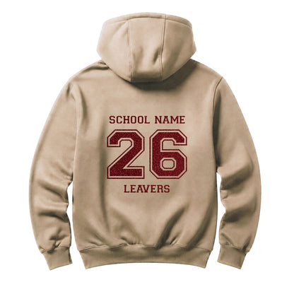 School leavers beige hoodie with custom iron-on "School" design in red glitter on the back.