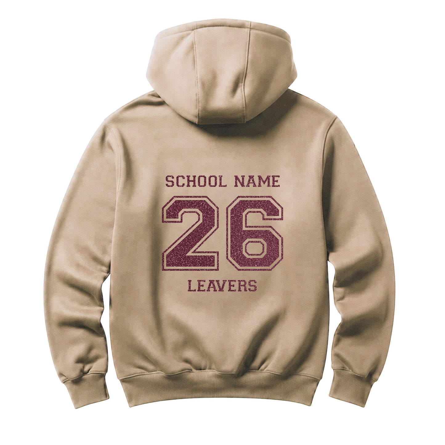 School leavers beige hoodie with custom iron-on "School" design in rose gold glitter on the back.