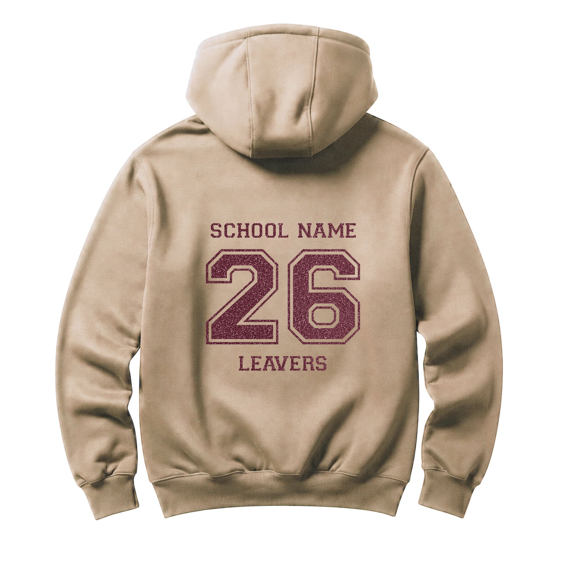 School leavers beige hoodie with custom iron-on "School" design in rose gold glitter on the back.