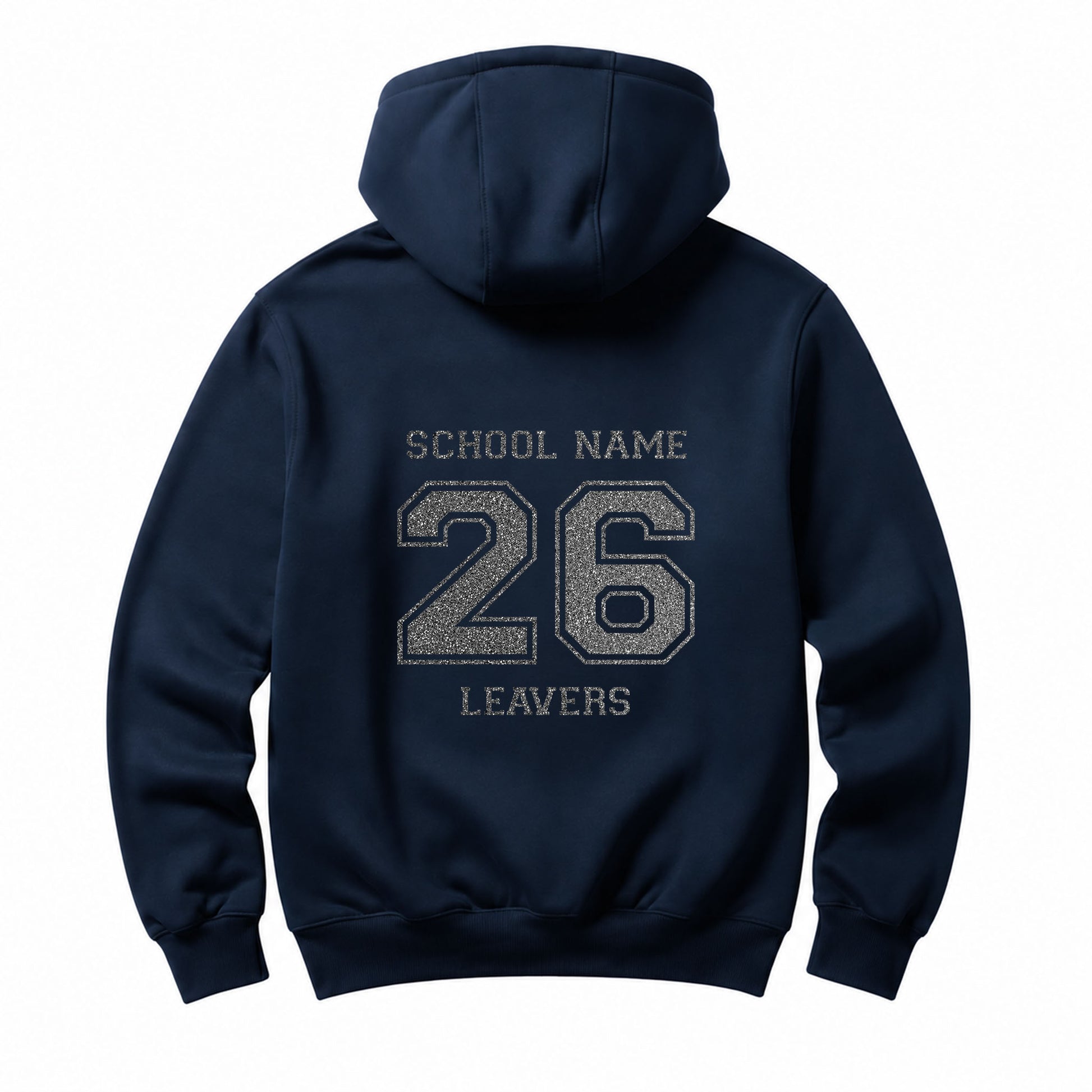 School leavers navy hoodie with custom iron-on "School" design in silver glitter on the back.