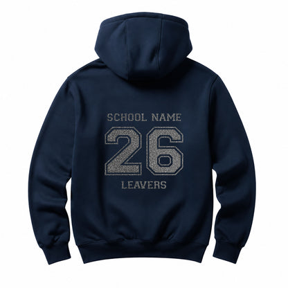School leavers navy hoodie with custom iron-on "School" design in silver glitter on the back.