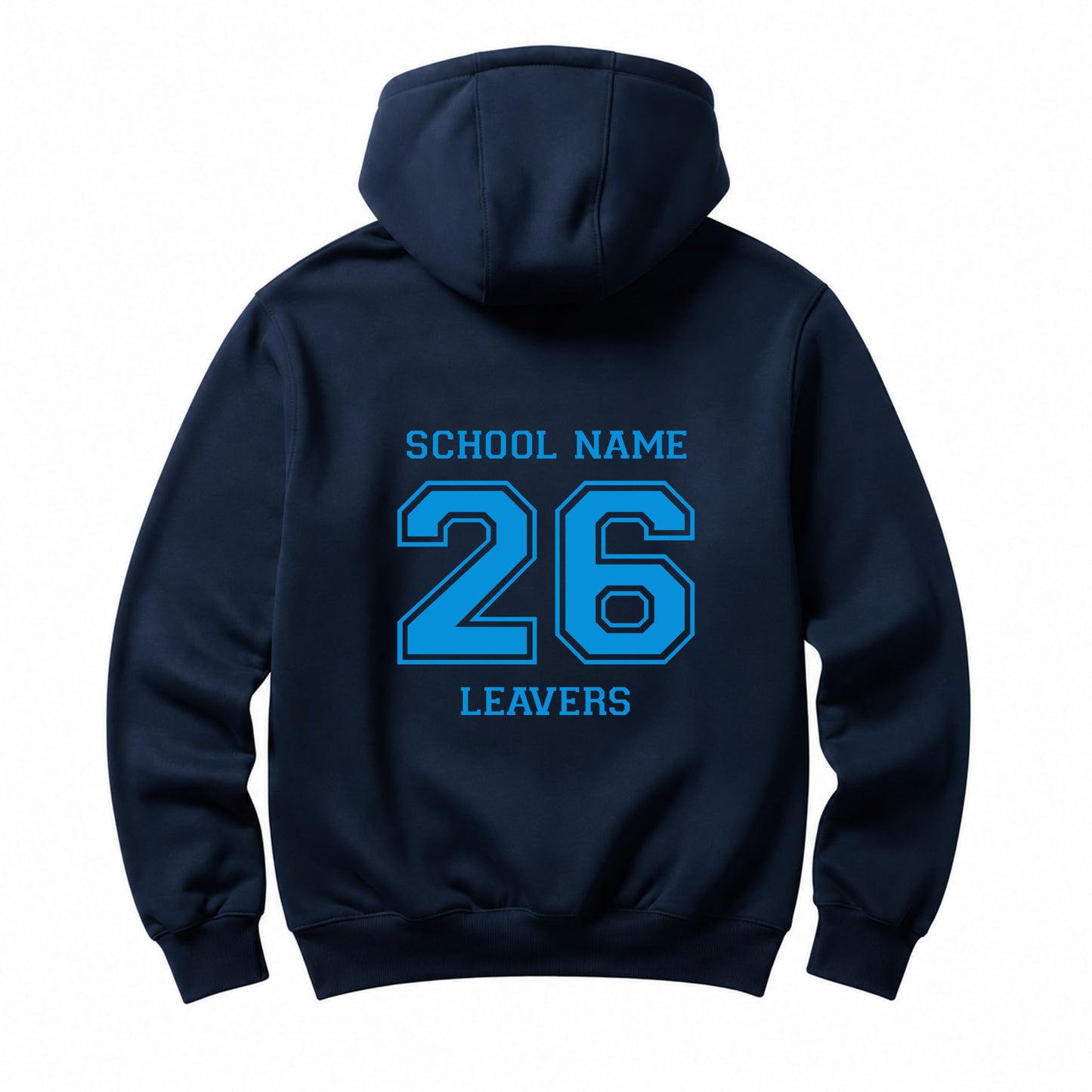 School leavers navy hoodie with custom iron-on "School" design in light blue on the back.