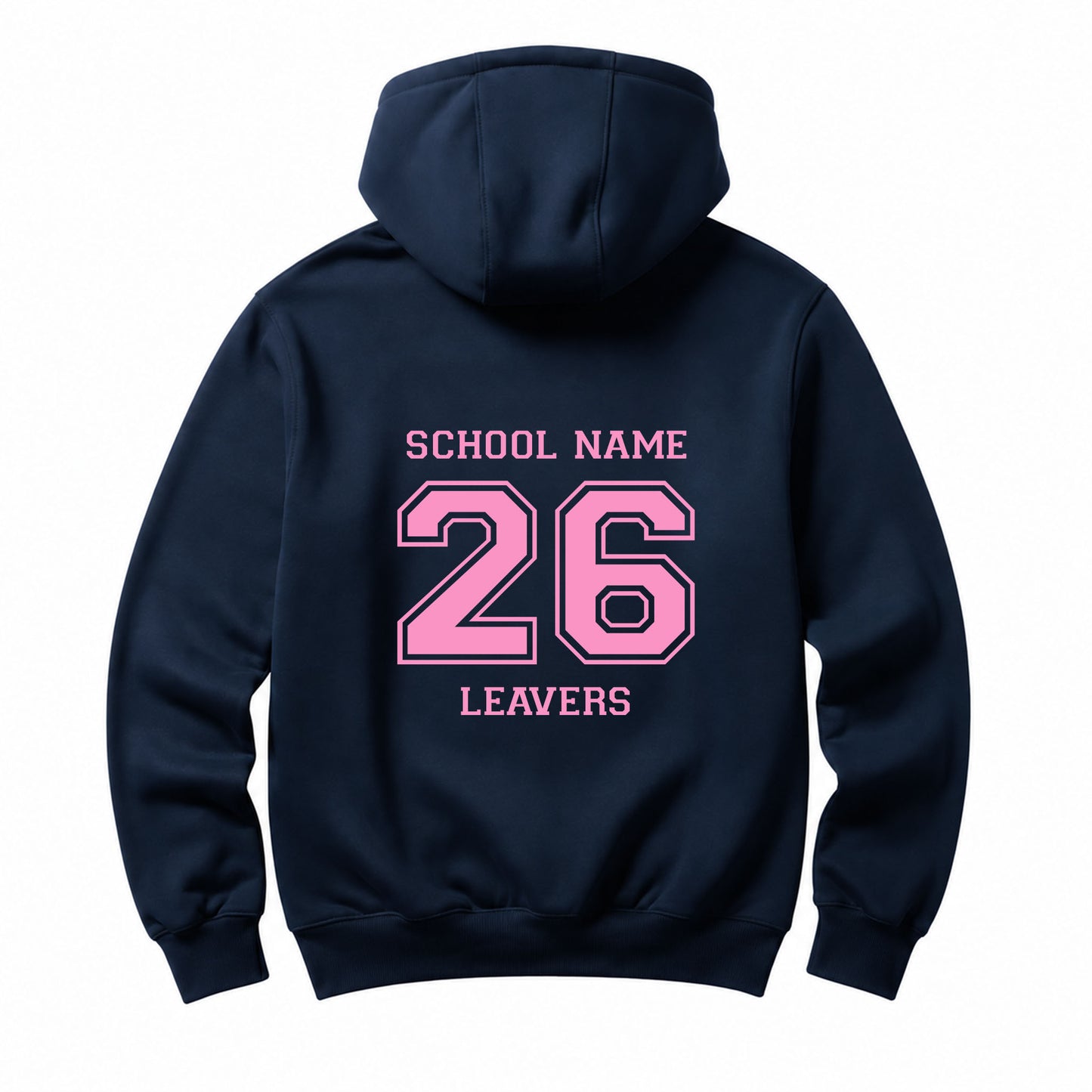 School leavers navy hoodie with custom iron-on "School" design in light pink on the back.