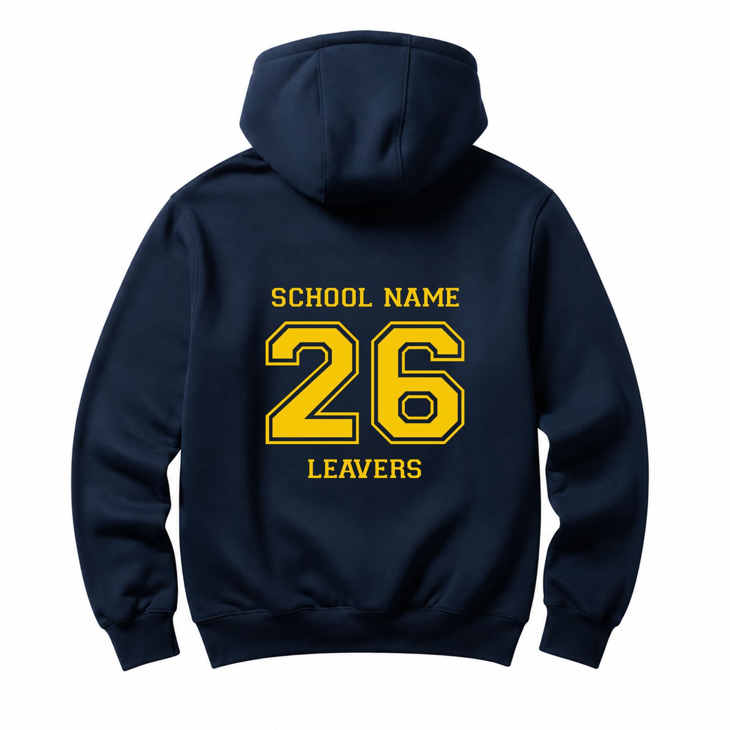 School leavers navy hoodie with custom iron-on "School" design in light yellow on the back.