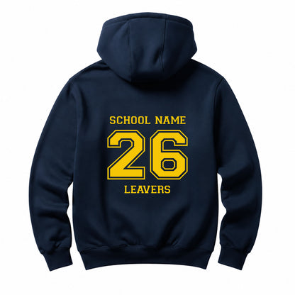 School leavers navy hoodie with custom iron-on "School" design in light yellow on the back.