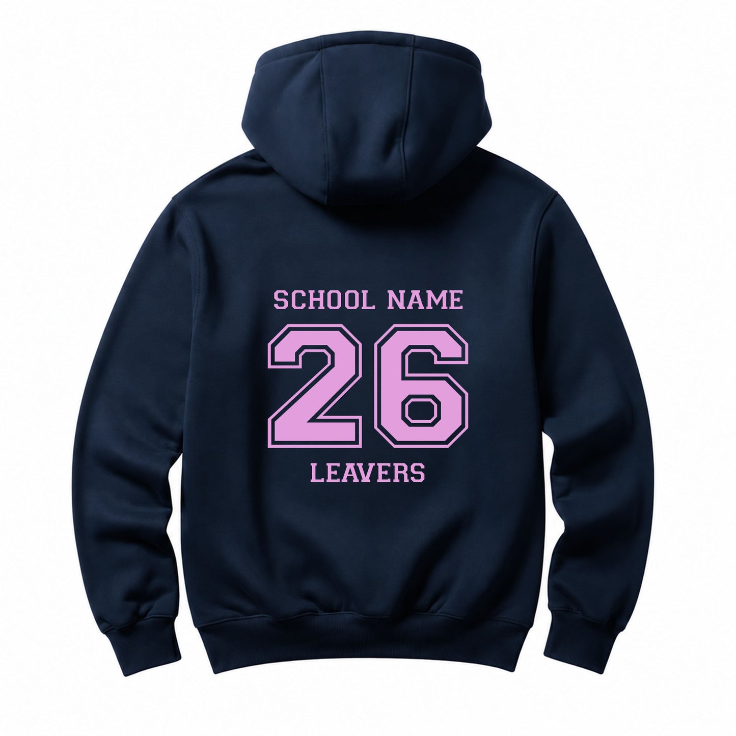 School leavers navy hoodie with custom iron-on "School" design in lilac on the back.