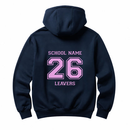 School leavers navy hoodie with custom iron-on "School" design in lilac on the back.