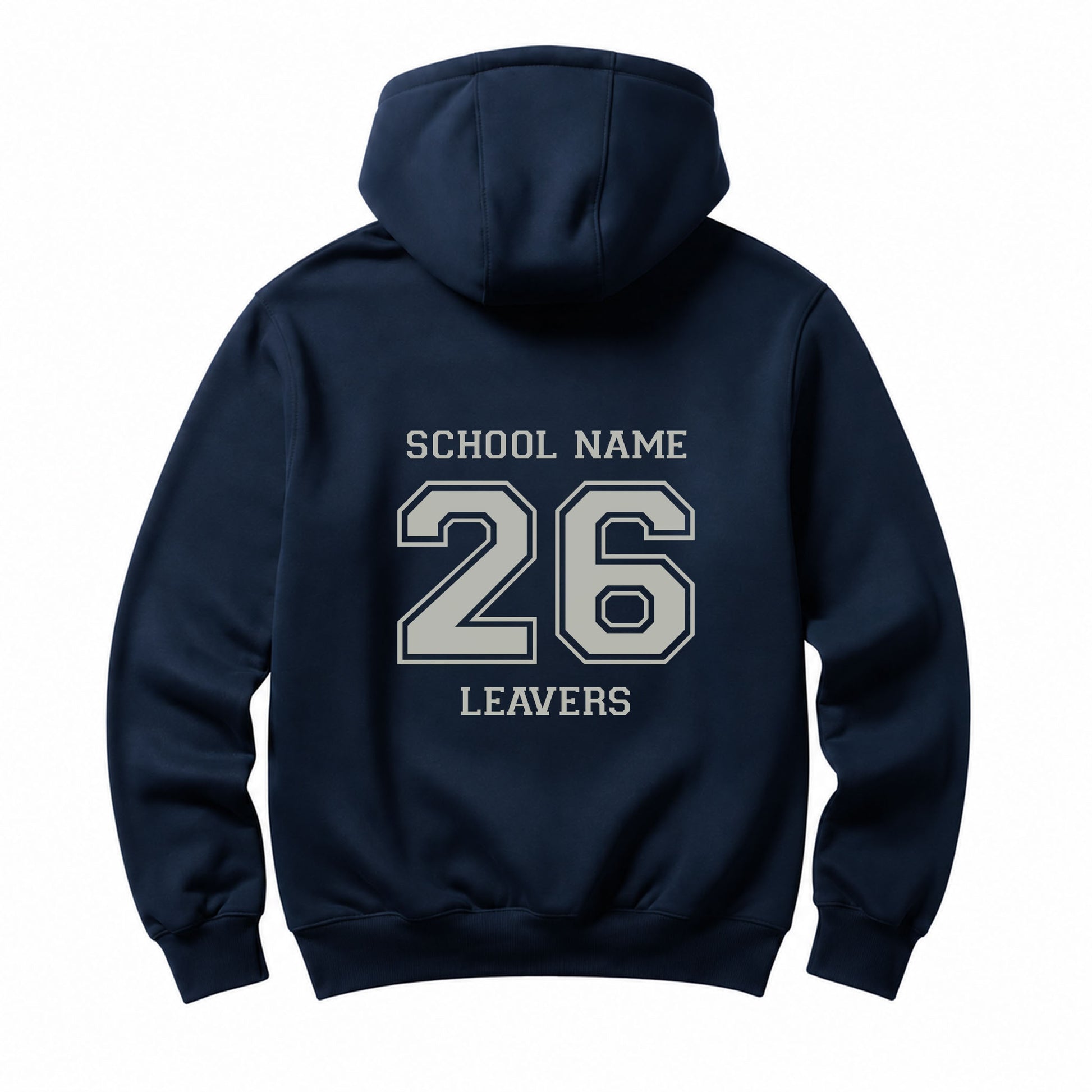 School leavers navy hoodie with custom iron-on "School" design in middle grey on the back.