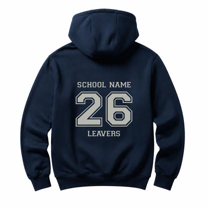 School leavers navy hoodie with custom iron-on "School" design in middle grey on the back.