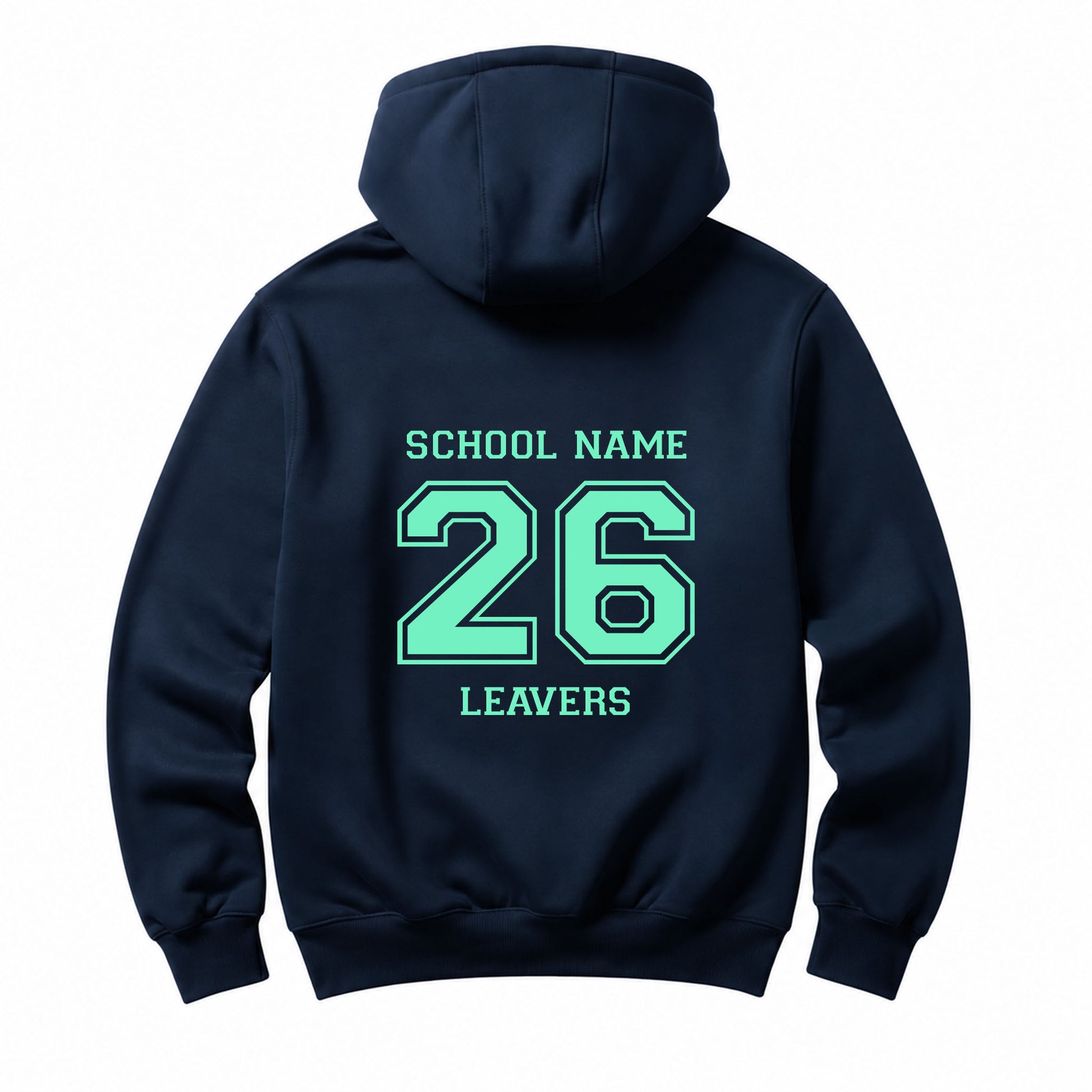 School leavers navy hoodie with custom iron-on "School" design in mint on the back.