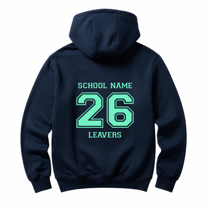 School leavers navy hoodie with custom iron-on "School" design in mint on the back.