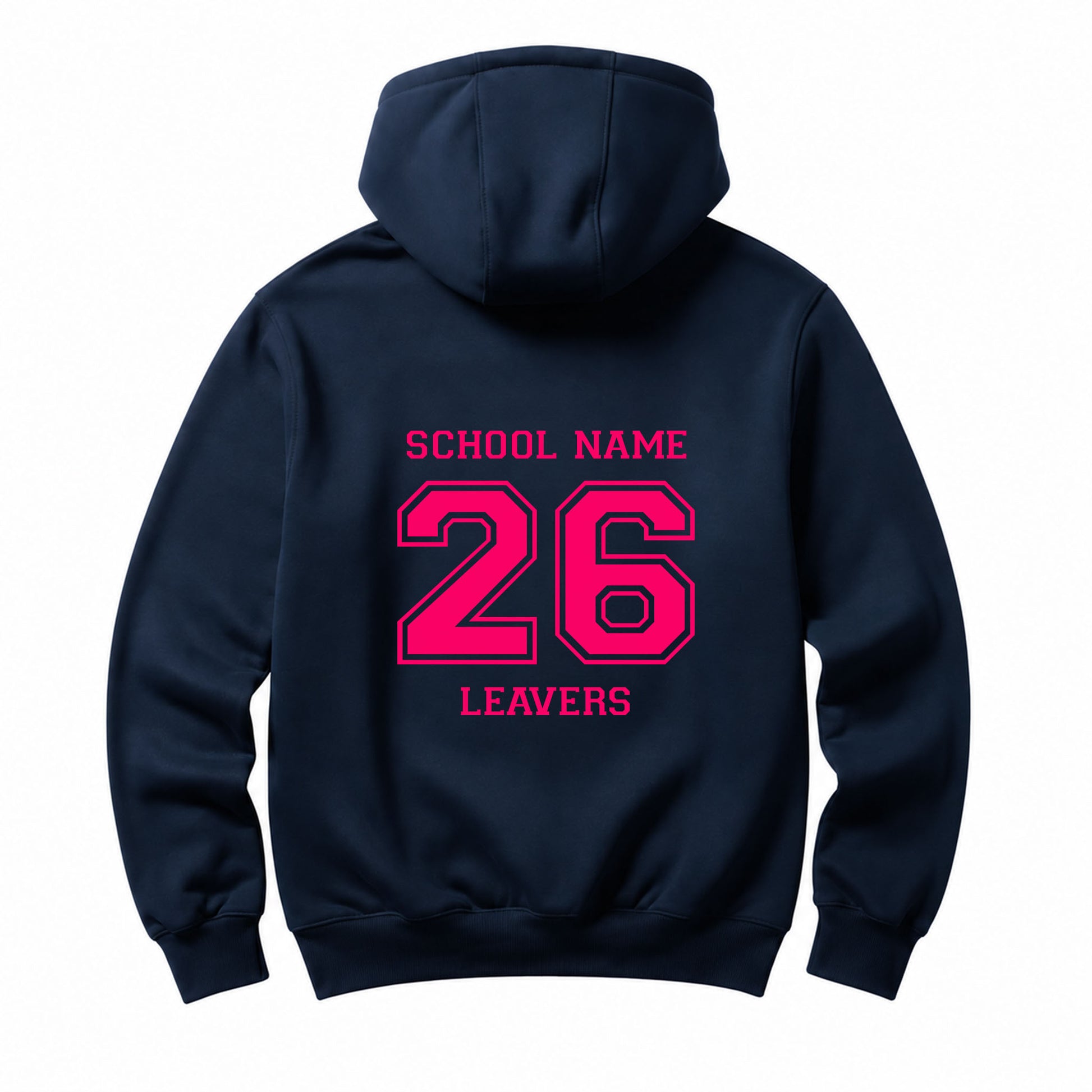 School leavers navy hoodie with custom iron-on "School" design in pink on the back.
